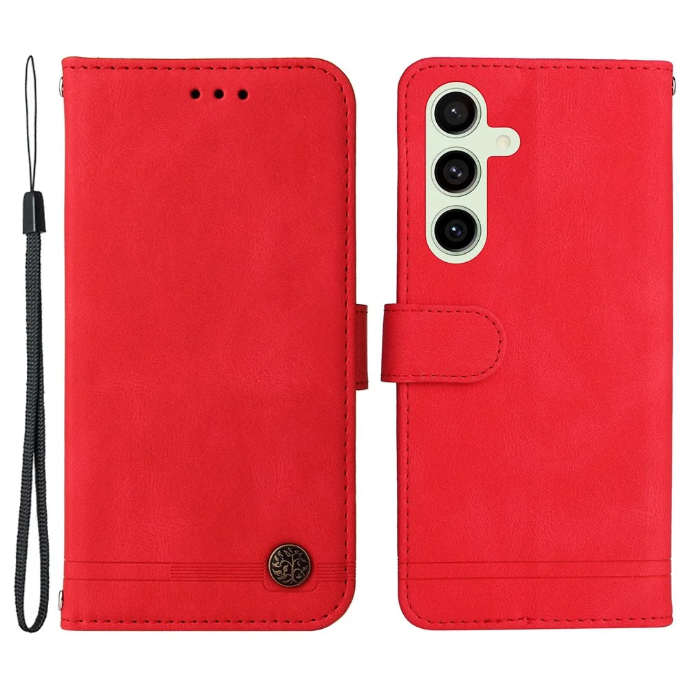 For Samsung Galaxy S24 FE Leather Wallet Cases Skin Touch Phone Cover Stand with Strap - Red - 1