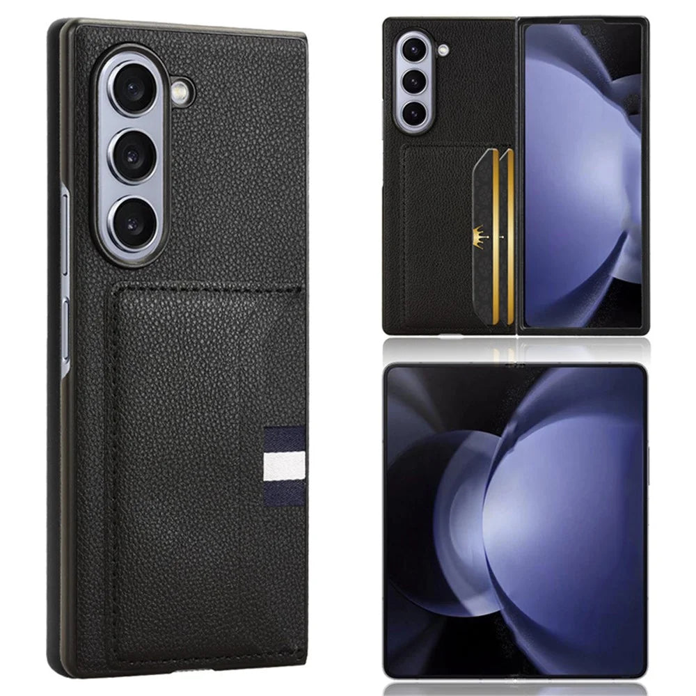 For Samsung Galaxy Z Fold6 5G Case Card Holder Litchi Texture Leather+PC Folding Phone Cover - Black - 1