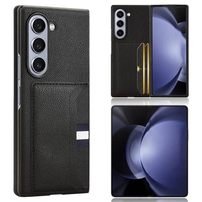 For Samsung Galaxy Z Fold6 5G Case Card Holder Litchi Texture Leather+PC Folding Phone Cover - Black - 1