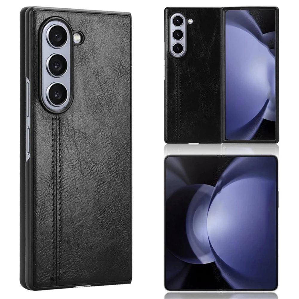 For Samsung Galaxy Z Fold6 5G Case Cowhide Texture Leather+PC Phone Cover Stitching Lines - Black - 1