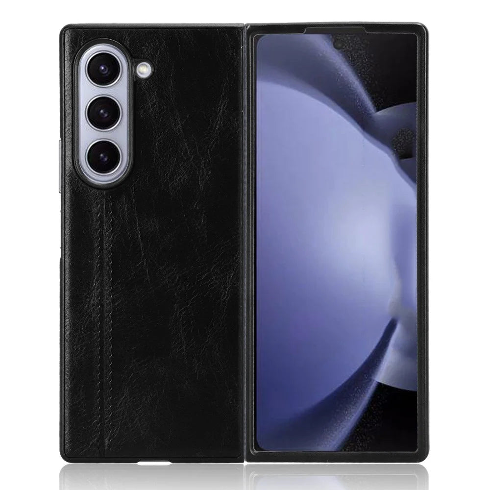 For Samsung Galaxy Z Fold6 5G Case Cowhide Texture Leather+PC Phone Cover Stitching Lines - Black - 2