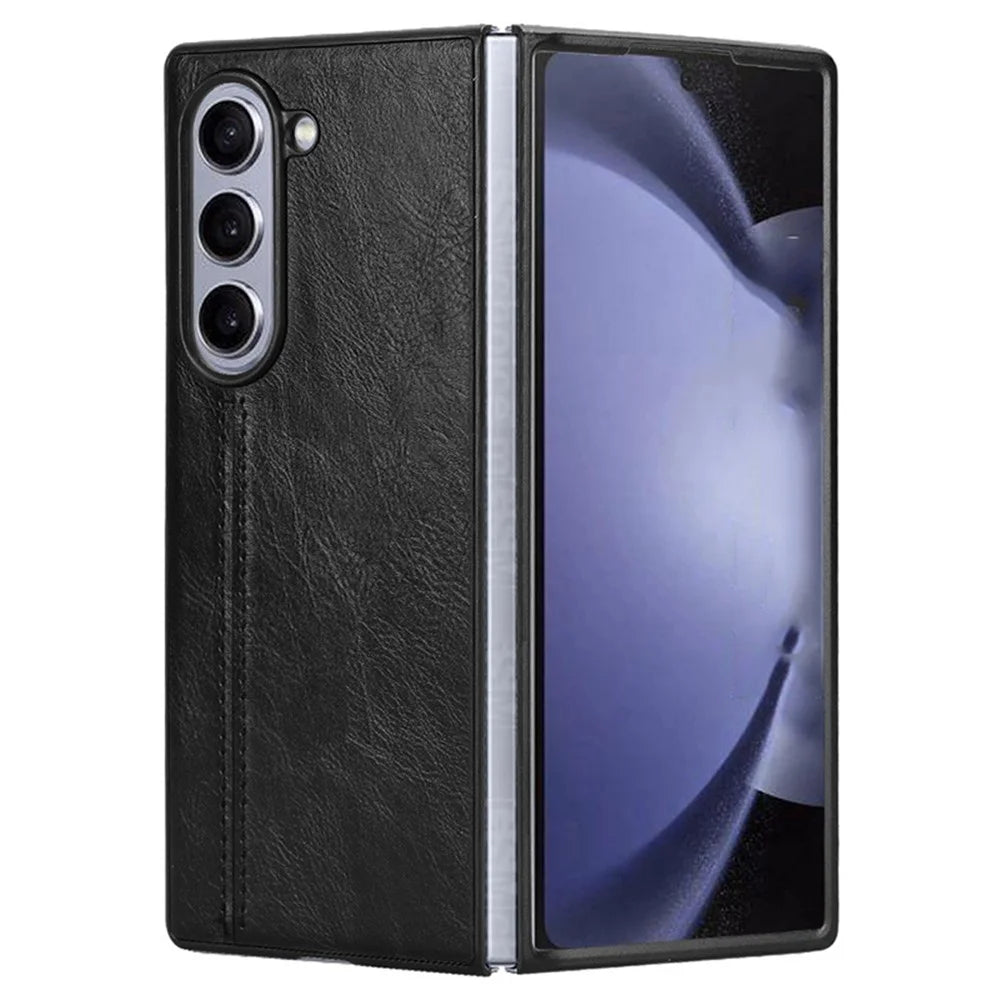 For Samsung Galaxy Z Fold6 5G Case Cowhide Texture Leather+PC Phone Cover Stitching Lines - Black - 3