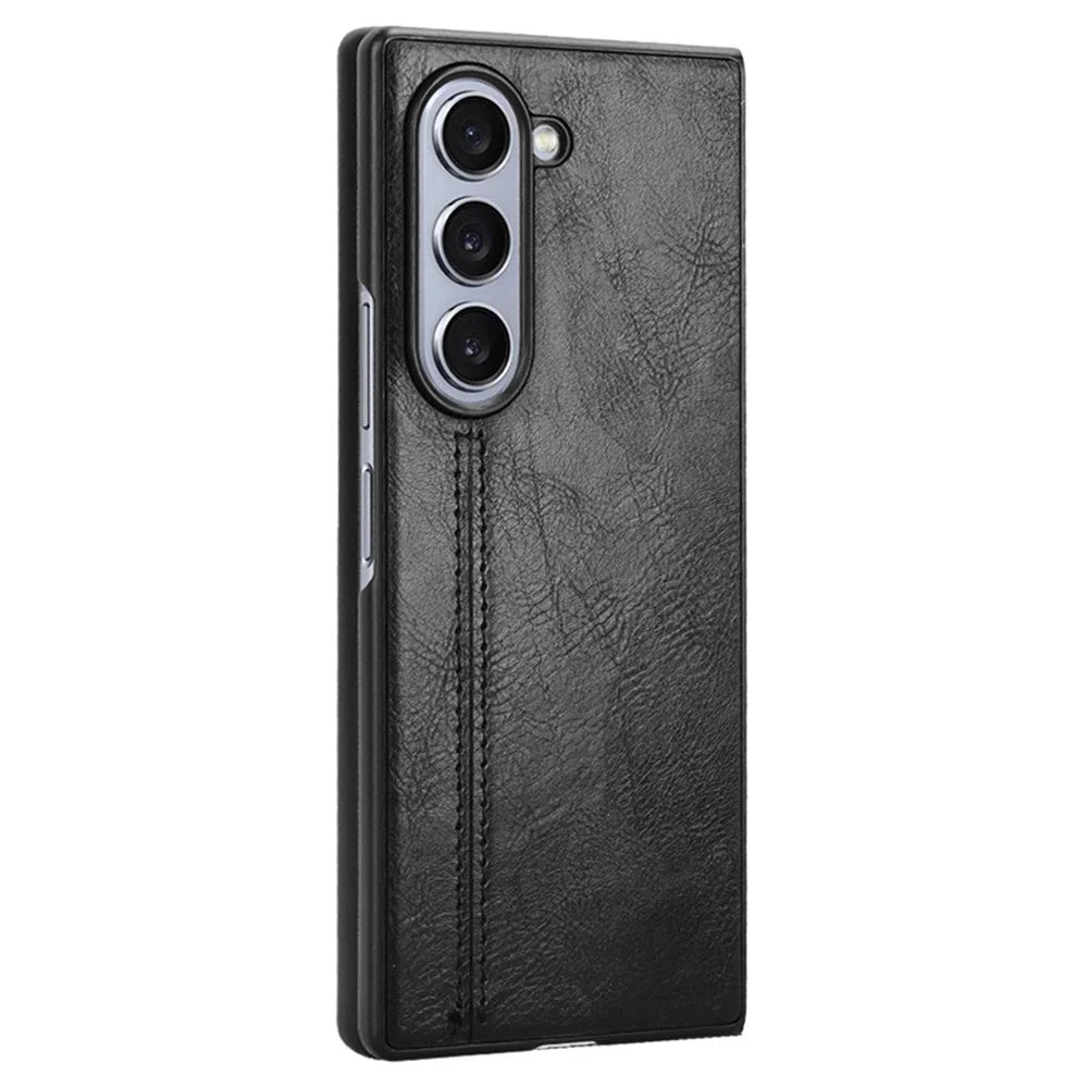 For Samsung Galaxy Z Fold6 5G Case Cowhide Texture Leather+PC Phone Cover Stitching Lines - Black - 6