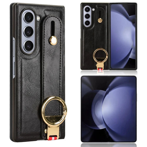 For Samsung Galaxy Z Fold6 5G Case Leather+PC+TPU Wristband Cover with Bottle Opener Ring - Black - 1