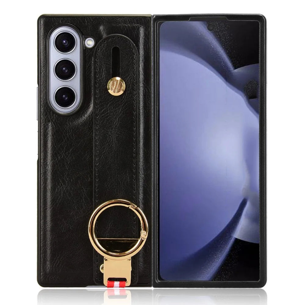 For Samsung Galaxy Z Fold6 5G Case Leather+PC+TPU Wristband Cover with Bottle Opener Ring - Black - 2