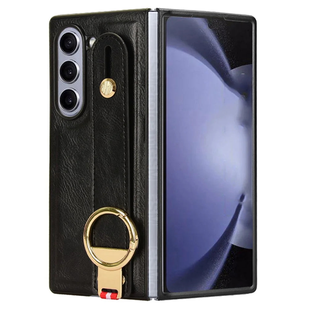 For Samsung Galaxy Z Fold6 5G Case Leather+PC+TPU Wristband Cover with Bottle Opener Ring - Black - 3