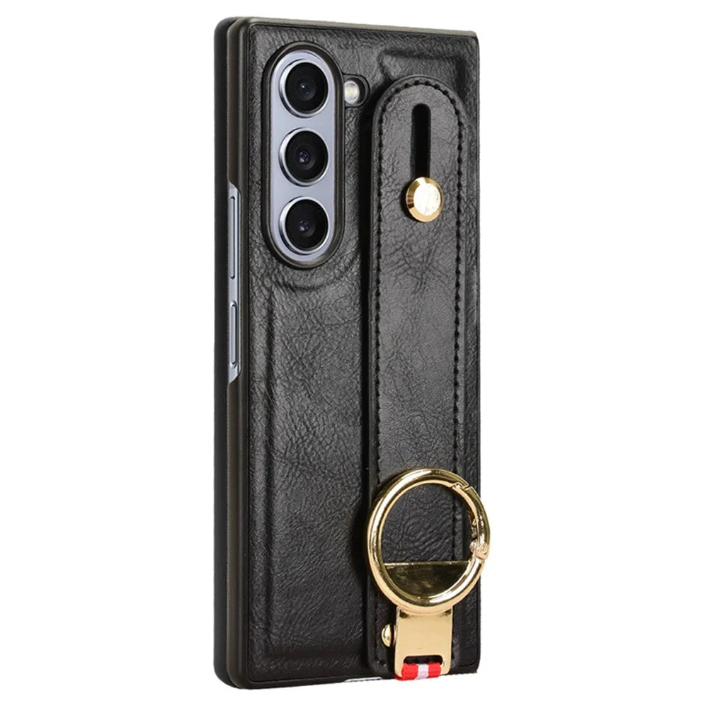 For Samsung Galaxy Z Fold6 5G Case Leather+PC+TPU Wristband Cover with Bottle Opener Ring - Black - 5
