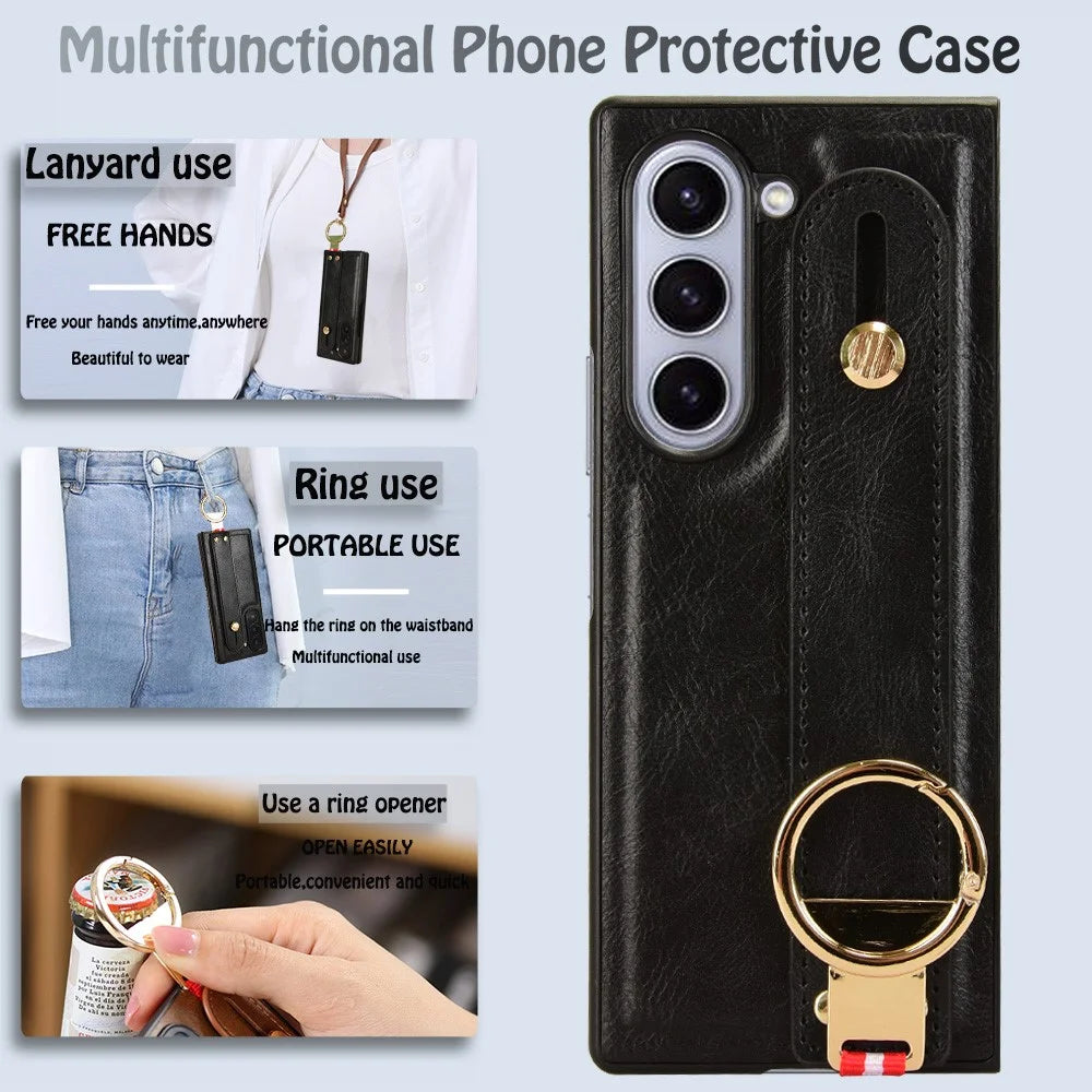 For Samsung Galaxy Z Fold6 5G Case Leather+PC+TPU Wristband Cover with Bottle Opener Ring - Black - 6