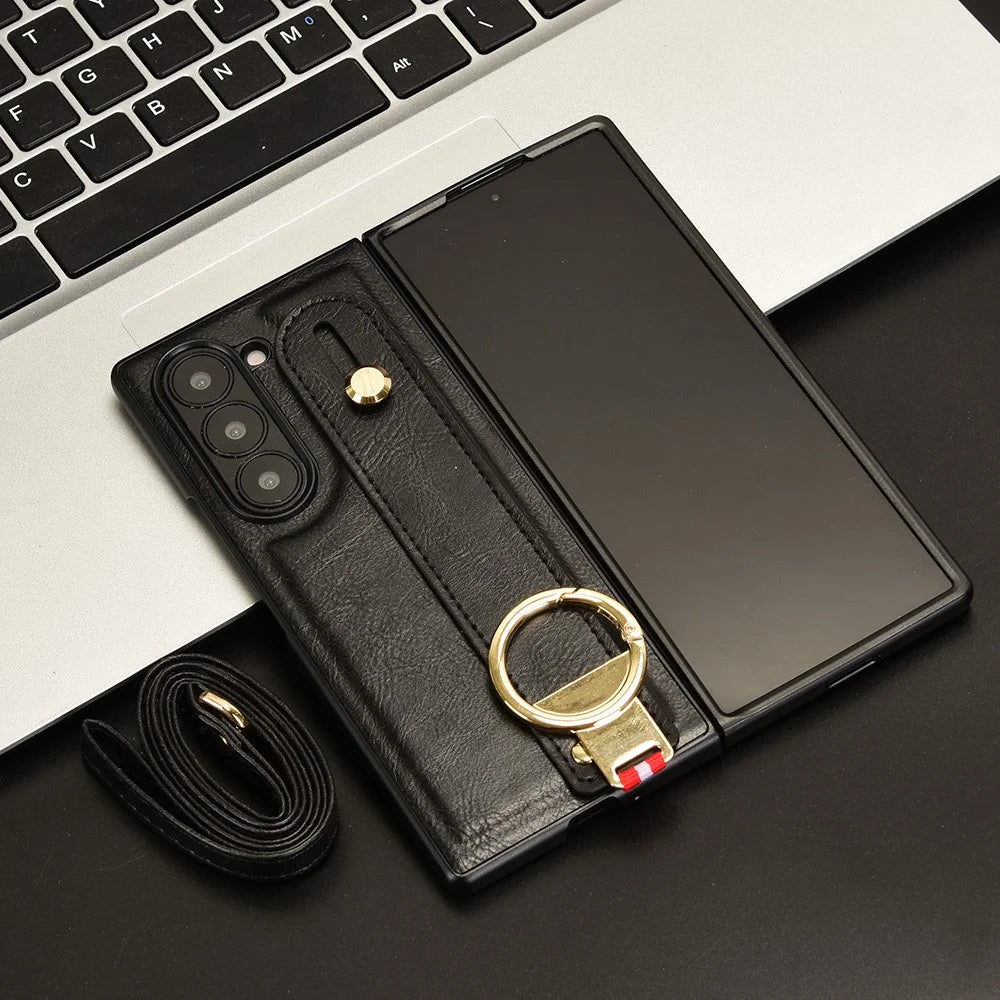 For Samsung Galaxy Z Fold6 5G Case Leather+PC+TPU Wristband Cover with Bottle Opener Ring - Black - 7