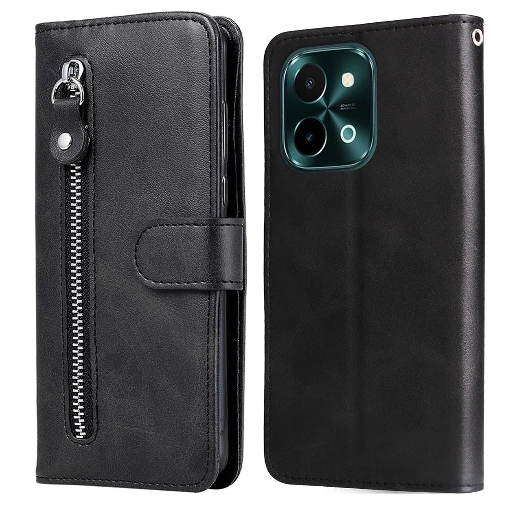 For vivo Y28 4G / iQOO Z9x 5G Case PU Leather Stand Phone Cover with Zipper Pocket - Black - 1
