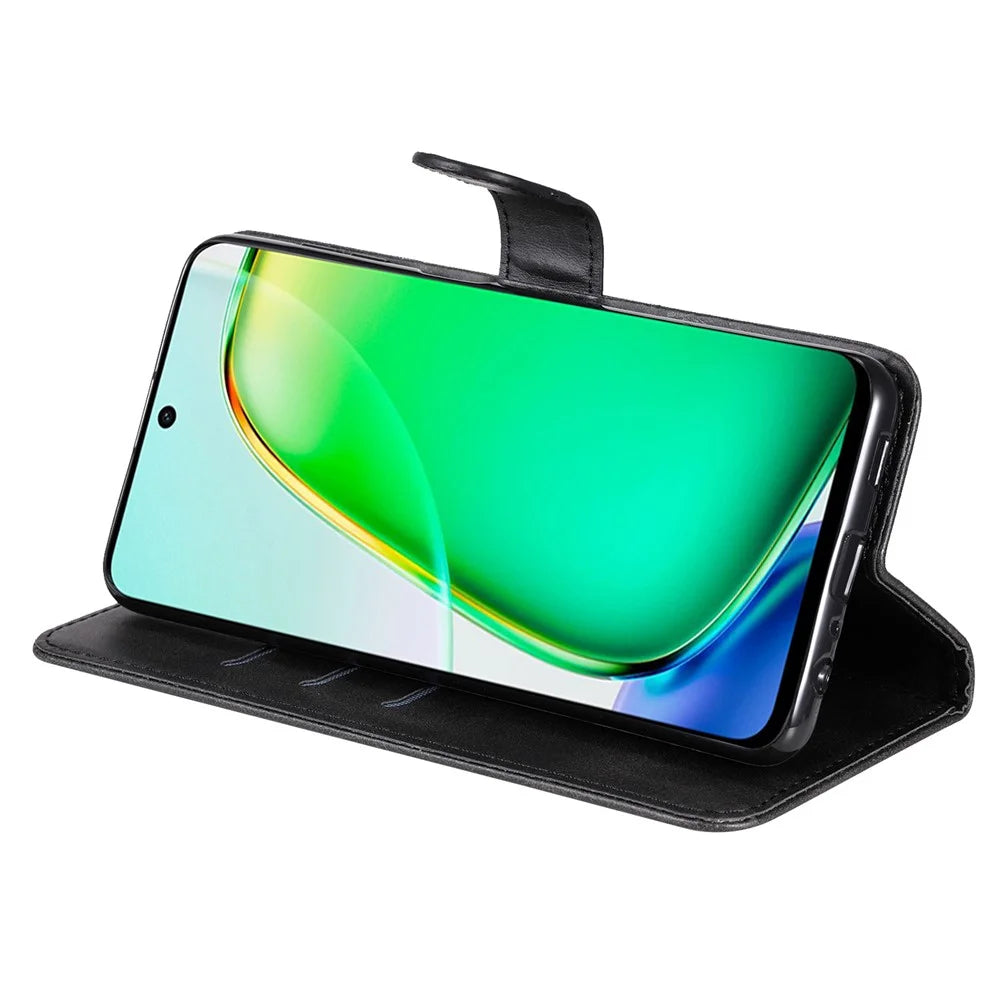 For vivo Y28 4G / iQOO Z9x 5G Case PU Leather Stand Phone Cover with Zipper Pocket - Black - 3