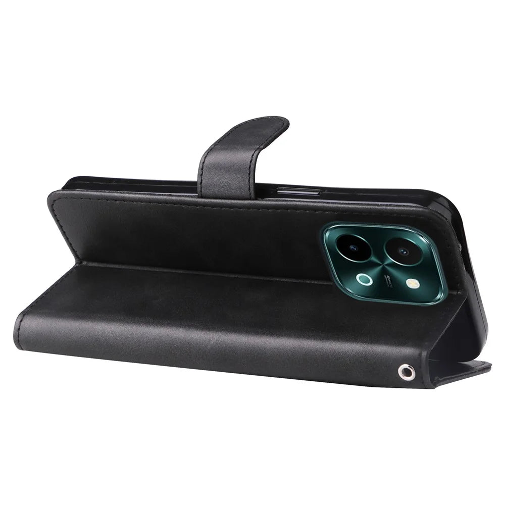 For vivo Y28 4G / iQOO Z9x 5G Case PU Leather Stand Phone Cover with Zipper Pocket - Black - 4