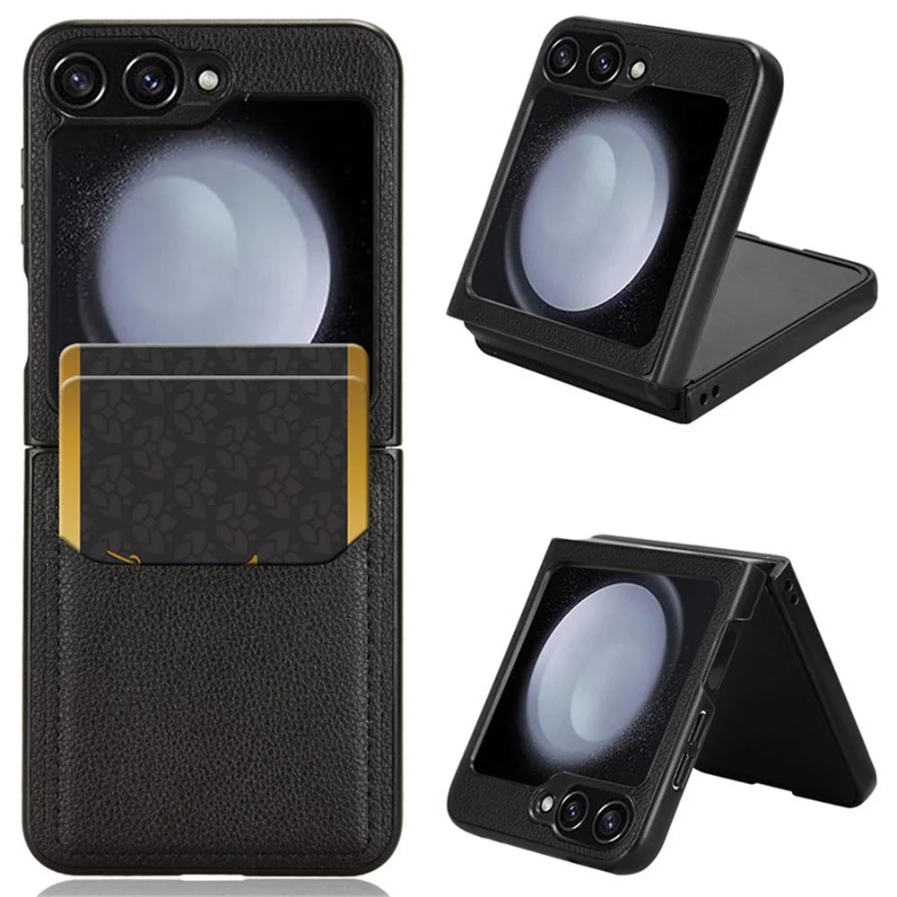 For Samsung Galaxy Z Flip7 FE 5G / Z Flip6 5G Case Litchi Texture Leather Coated PC Phone Cover Card Slot - Black - 1