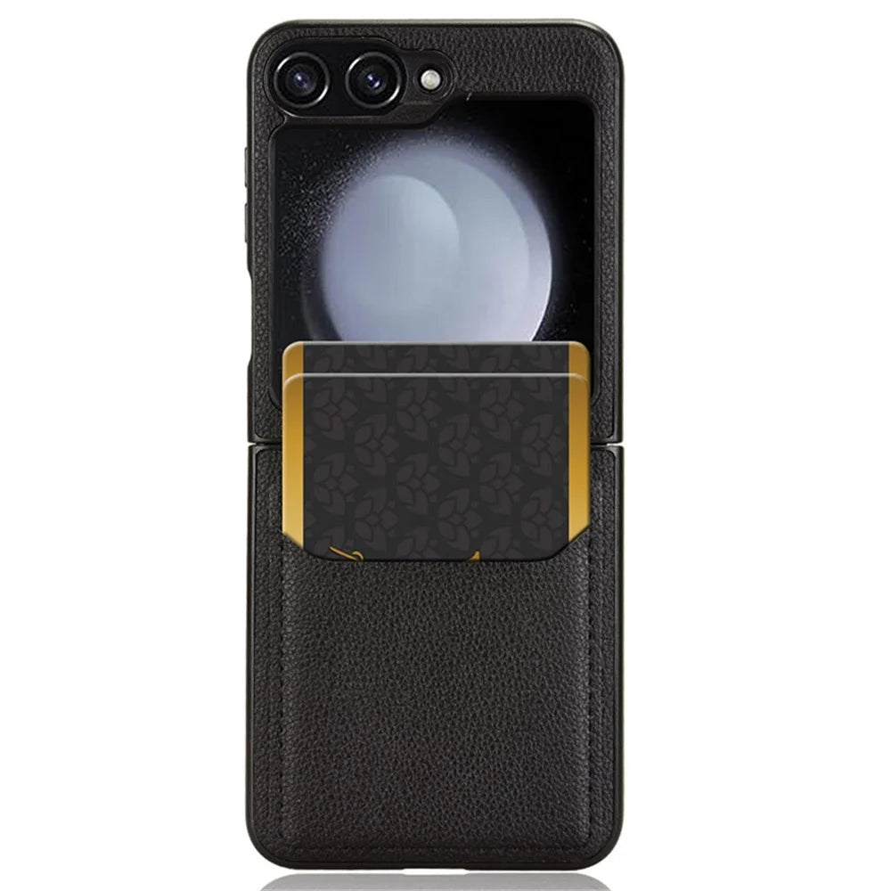 For Samsung Galaxy Z Flip7 FE 5G / Z Flip6 5G Case Litchi Texture Leather Coated PC Phone Cover Card Slot - Black - 6