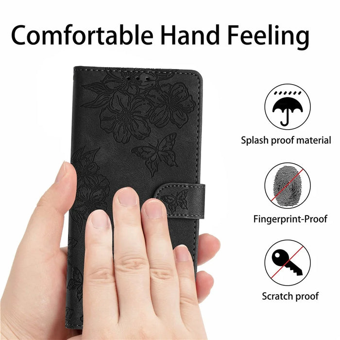 For iPhone 16 Pro Max Case Butterfly Flower PU Leather Flip Protective Phone Cover - Black - 7