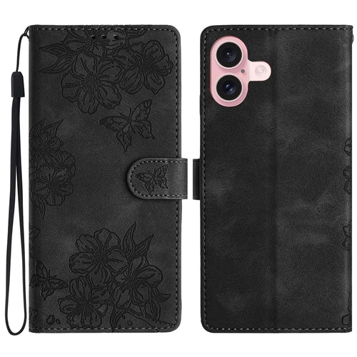 For iPhone 16 Case PU Leather Wrist Strap Card Slots Phone Cover Butterfly Flower - Black - 1