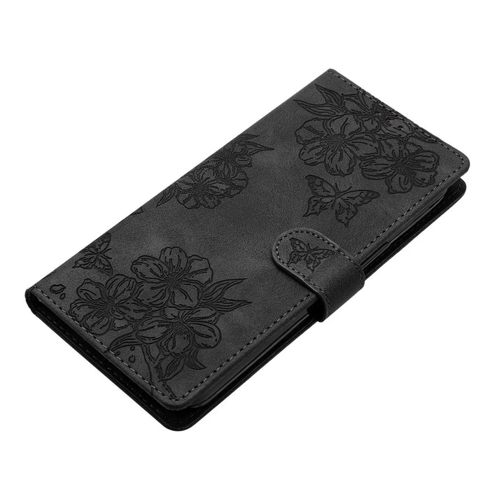 For iPhone 16 Case PU Leather Wrist Strap Card Slots Phone Cover Butterfly Flower - Black - 4