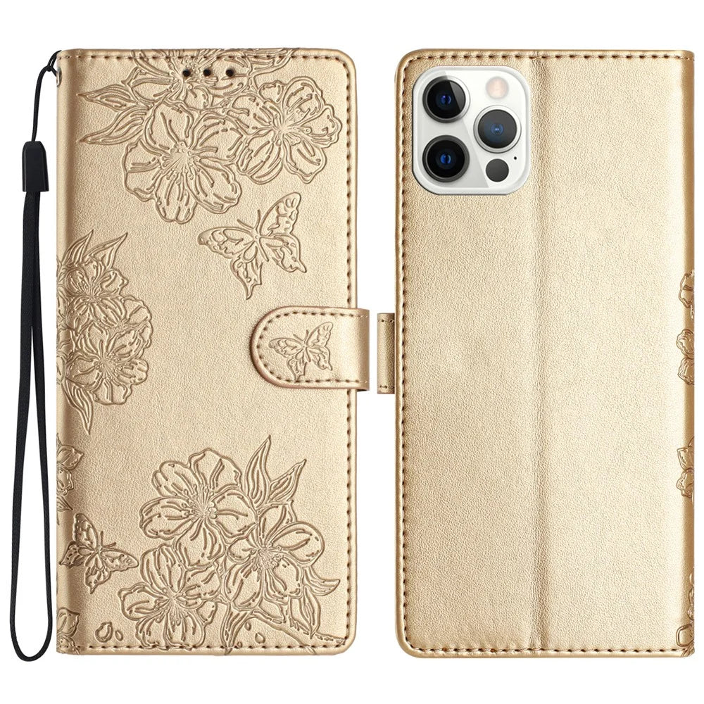 For iPhone 16 Pro Max Case Wallet PU Leather Phone Cover Butterfly Flower Pattern - Gold - 1