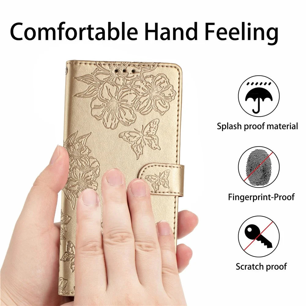 For iPhone 16 Pro Max Case Wallet PU Leather Phone Cover Butterfly Flower Pattern - Gold - 7