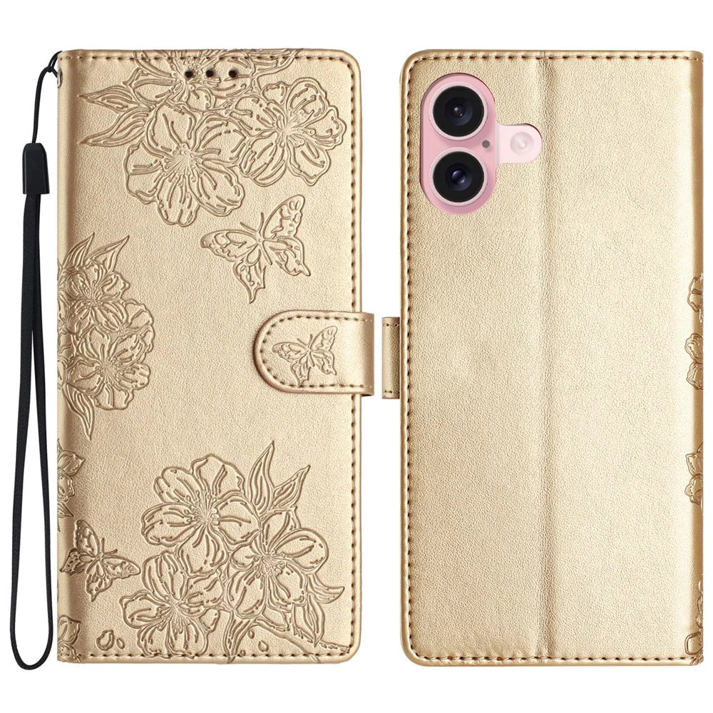 For iPhone 16 Plus Wallet Case Butterfly Flower PU Leather Flip Protective Phone Cover - Gold - 1