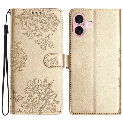 For iPhone 16 Plus Wallet Case Butterfly Flower PU Leather Flip Protective Phone Cover - Gold - 1