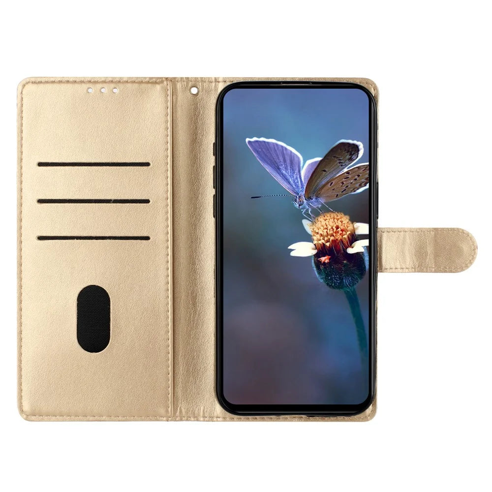 For iPhone 16 Plus Wallet Case Butterfly Flower PU Leather Flip Protective Phone Cover - Gold - 3