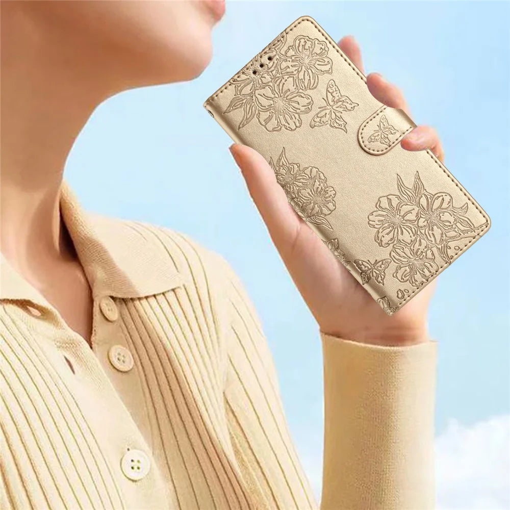 For iPhone 16 Plus Wallet Case Butterfly Flower PU Leather Flip Protective Phone Cover - Gold - 6