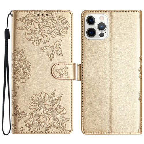 For iPhone 16 Pro Case Butterfly Flower PU Leather Phone Cover with Card Slots Stand - Gold - 1