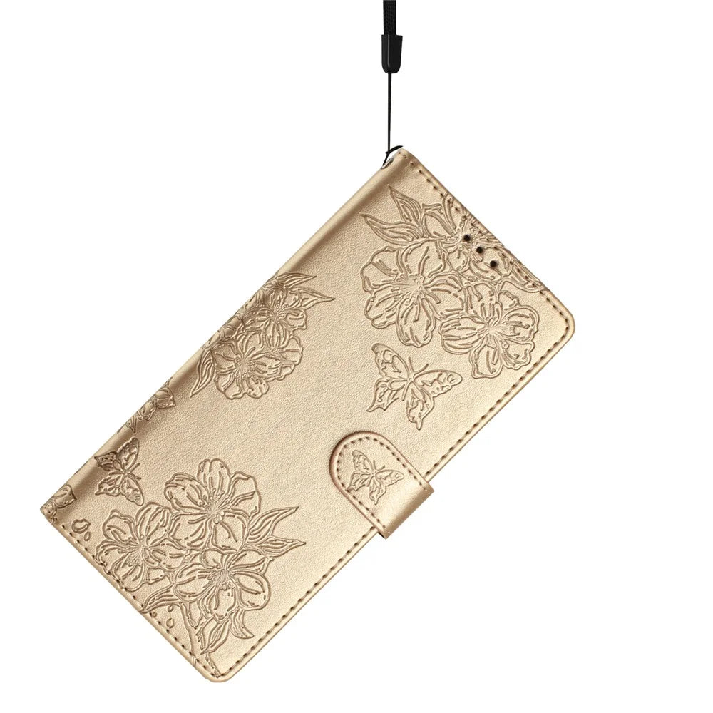 For iPhone 16 Pro Case Butterfly Flower PU Leather Phone Cover with Card Slots Stand - Gold - 5