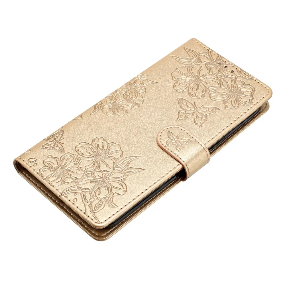 For iPhone 16 Case Butterfly Flower Imprinted PU Leather Phone Cover Purse Wrist Strap - Gold - 4