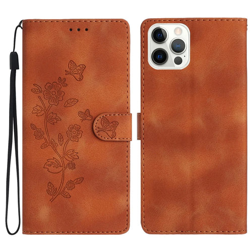 For iPhone 16 Pro Case PU Leather Imprinted Flower Wrist Strap Purse Pocket Cover - Brown - 1