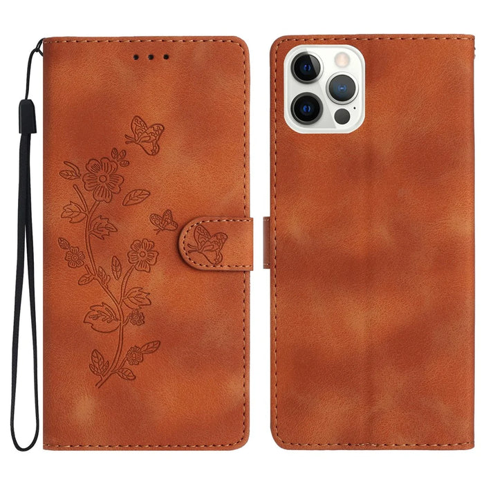 For iPhone 16 Pro Case PU Leather Imprinted Flower Wrist Strap Purse Pocket Cover - Brown - 1