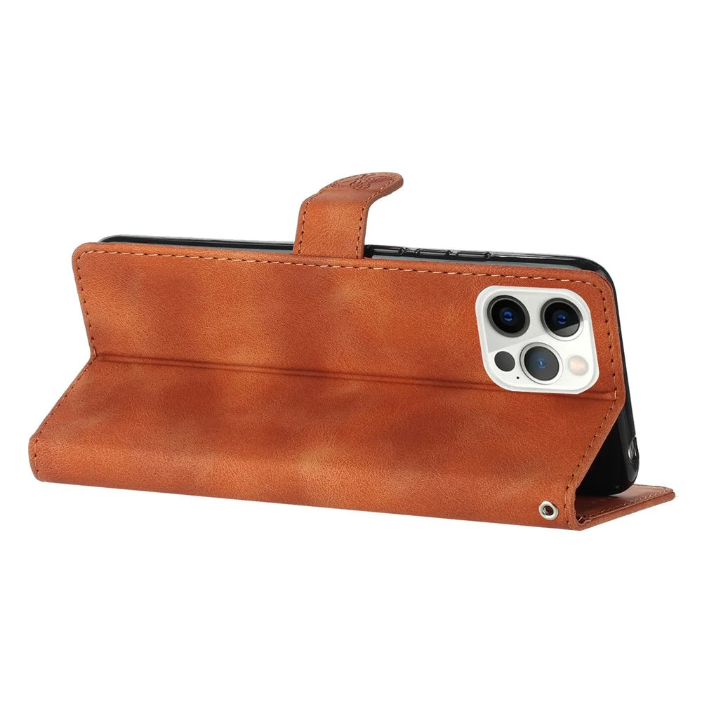 For iPhone 16 Pro Max Leather Wallet Case Imprinted Flower Flip Protective Phone Cover - Brown - 3