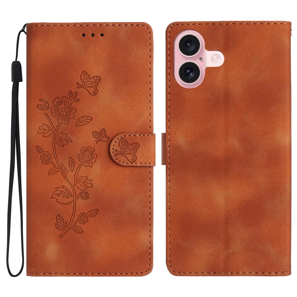 For iPhone 16 Case Imprinted Flower Leather Phone Cover Wallet with Card Holder - Brown - 1