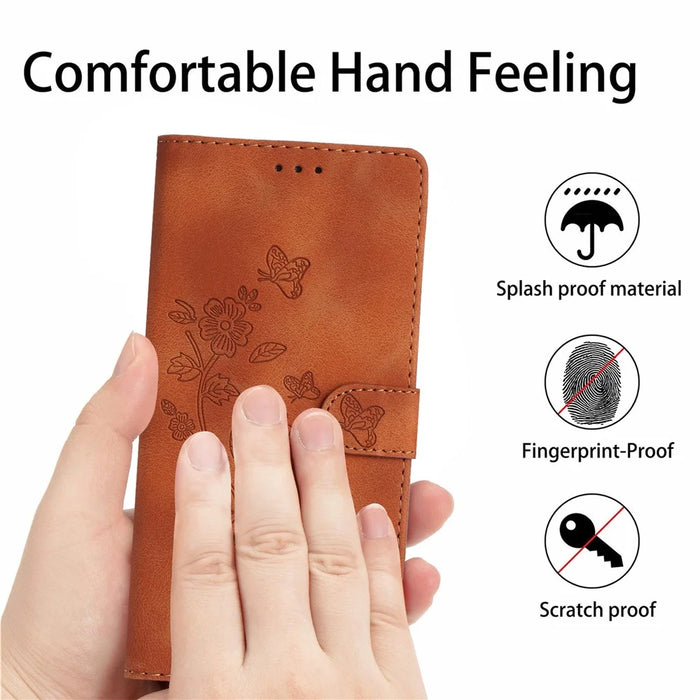 For iPhone 16 Plus Case Leather Imprinted Flower Card Slots Pocket Phone Cover with Wrist Strap - Brown - 5