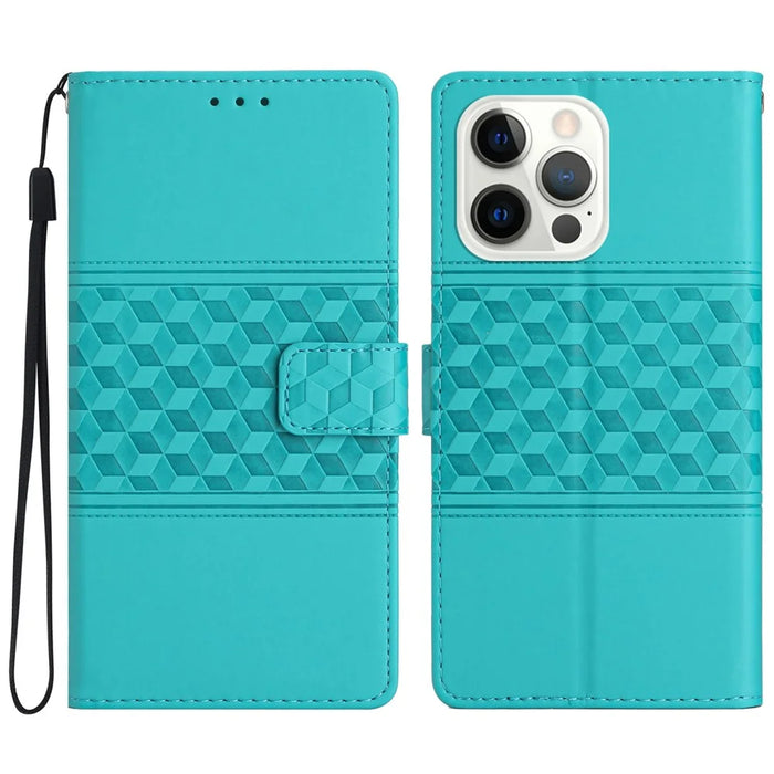 For iPhone 16 Pro Case with Card Holders Stand Flip Rhombus Pattern PU Leather Phone Cover - Sky Blue - 1