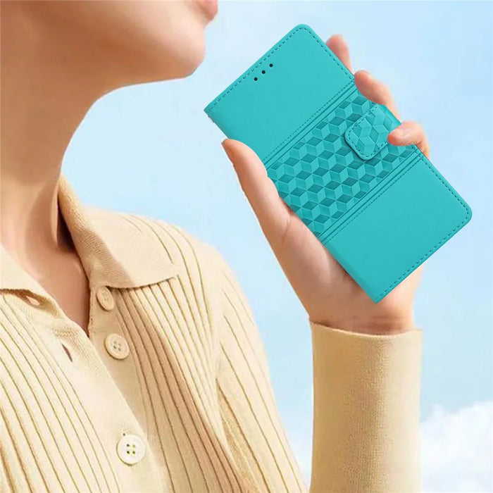 For iPhone 16 Pro Case with Card Holders Stand Flip Rhombus Pattern PU Leather Phone Cover - Sky Blue - 6