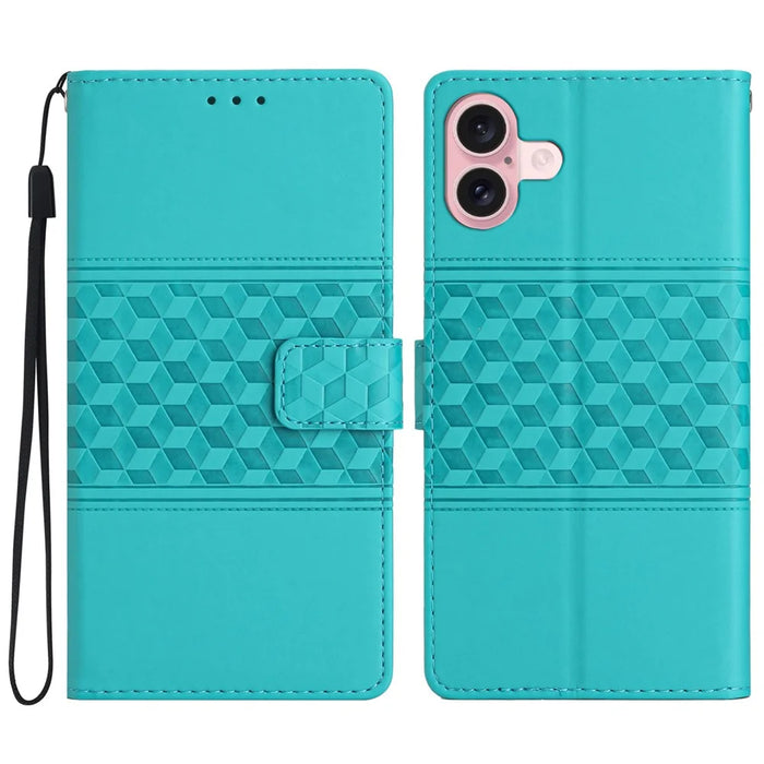 For iPhone 16 Plus Case Rhombus Leather Horizontal Flip Phone Cover - Sky Blue - 1