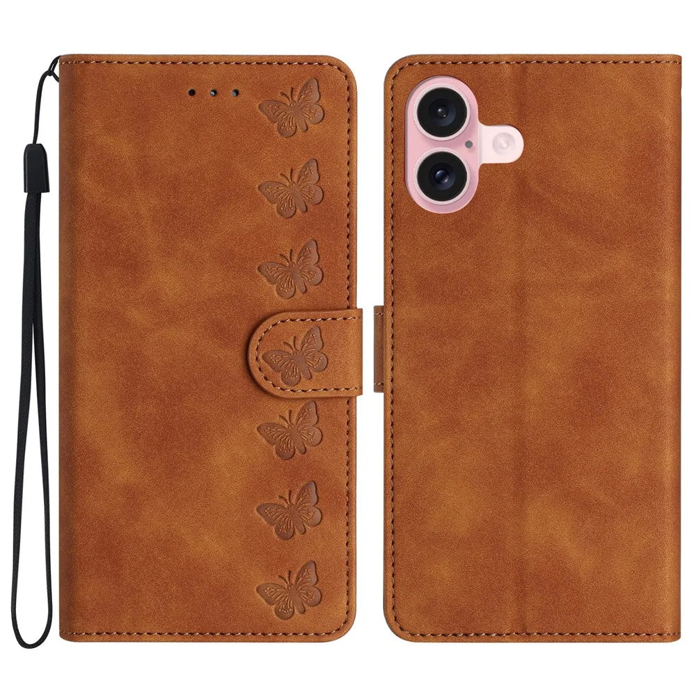 For iPhone 16 Plus Case Butterfly Imprinted PU Leather Stand Phone Cover - Brown - 1