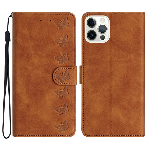 For iPhone 16 Pro Max Case Wrist Strap Card Holder Slots Butterfly Imprinted PU Leather Phone Cover - Brown - 1