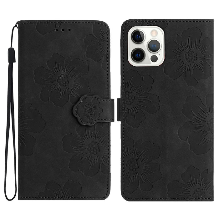 For iPhone 16 Pro Max Case Blooming Floral Flip Leather Phone Cover - Black - 1