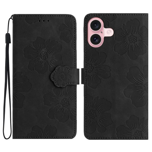 For iPhone 16 Plus Case Leather Phone Cover Card Holders Flower Imprinted - Black - 1