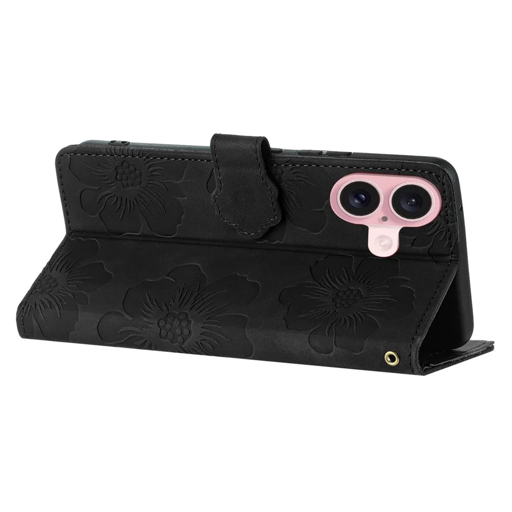 For iPhone 16 Plus Case Leather Phone Cover Card Holders Flower Imprinted - Black - 4