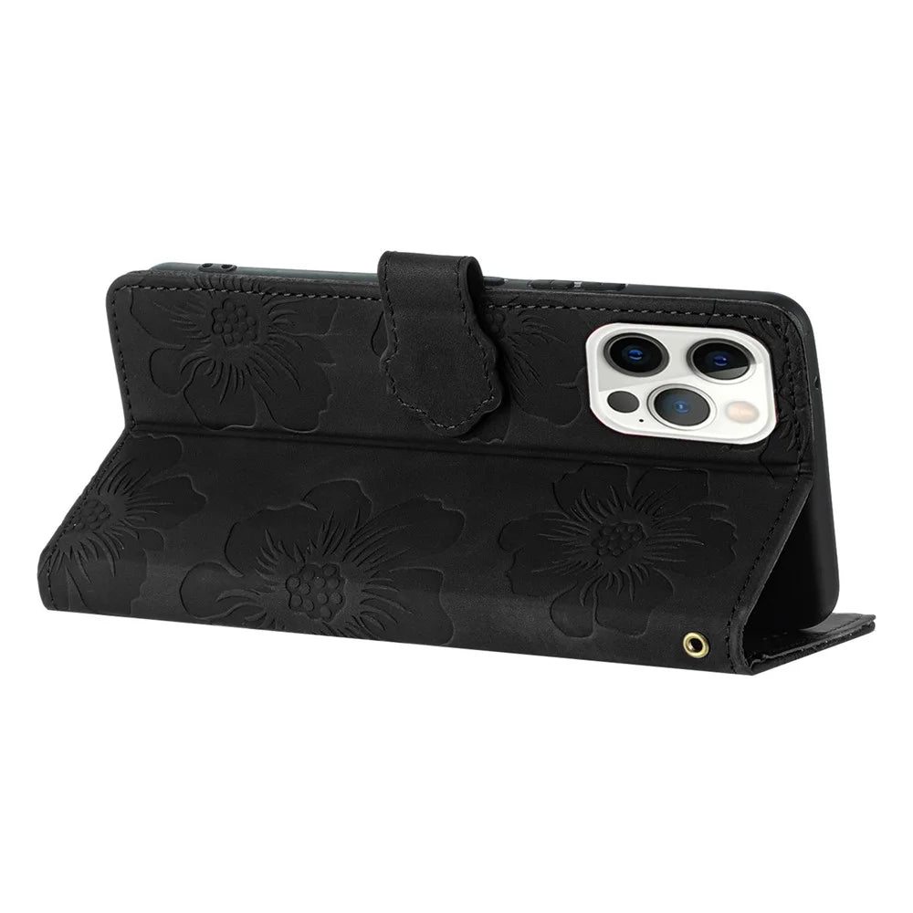 For iPhone 16 Pro Case Flower Design Leather Flip Phone Cover with Card Holder Wrist Strap - Black - 4