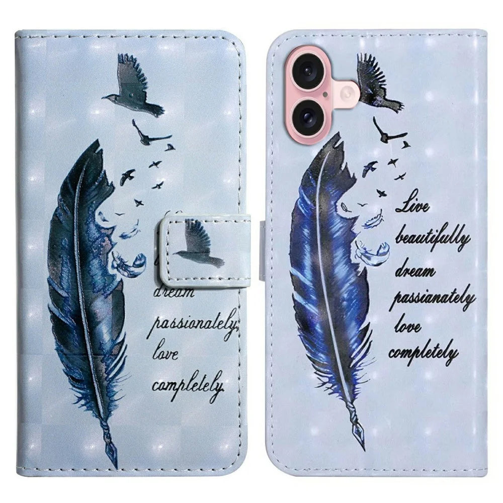 For iPhone 16 Plus Case Stand Card Holder Leather Phone Cover 3D Creative Pattern Design - Blue Feather - 1