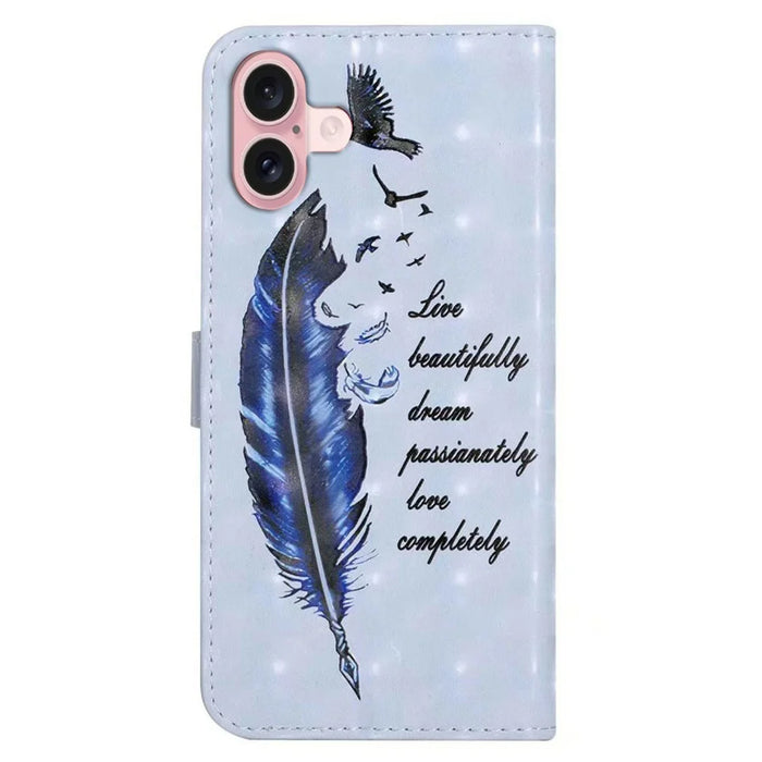 For iPhone 16 Plus Case Stand Card Holder Leather Phone Cover 3D Creative Pattern Design - Blue Feather - 6