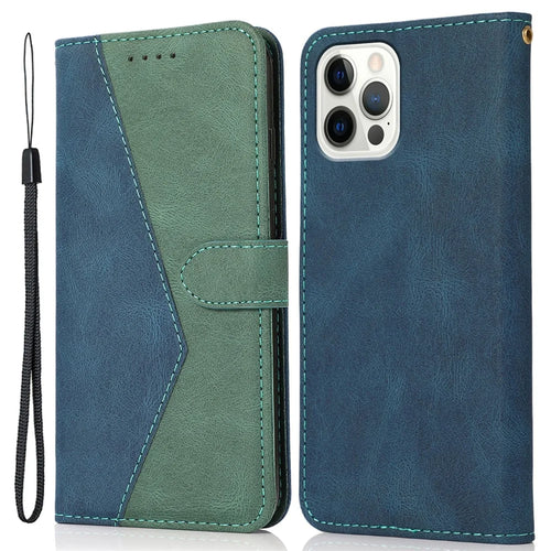 For iPhone 16 Pro Wallet Case Splicing Color Leather Phone Cover Credit Card Holder - Blue+Green - 1