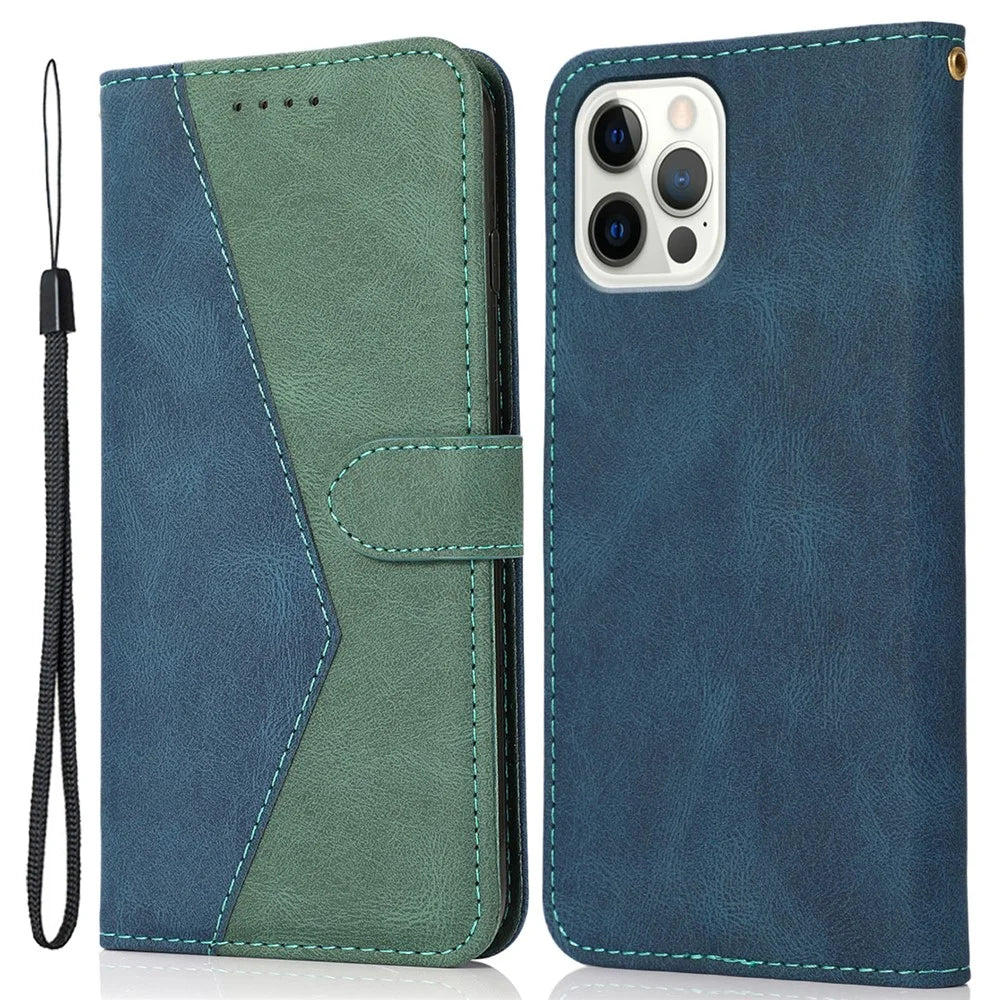 For iPhone 16 Pro Wallet Case Splicing Color Leather Phone Cover Credit Card Holder - Blue+Green - 1