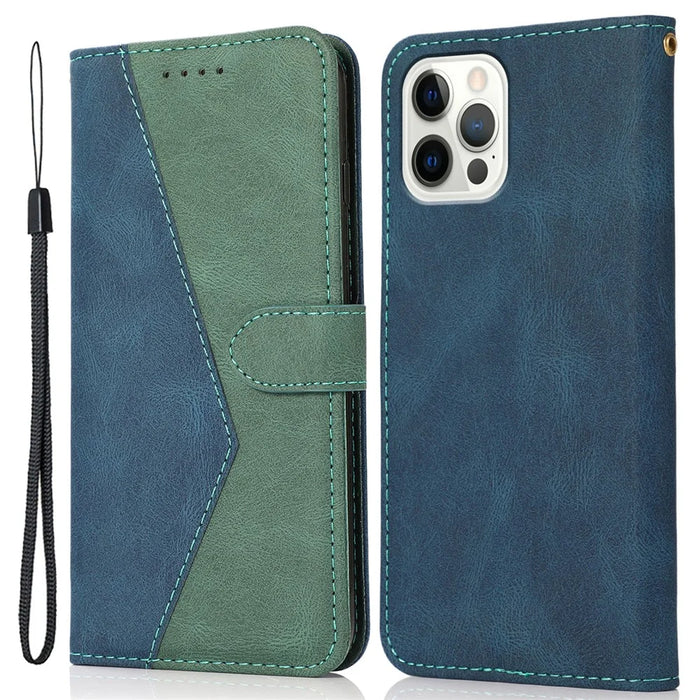 For iPhone 16 Pro Wallet Case Splicing Color Leather Phone Cover Credit Card Holder - Blue+Green - 1