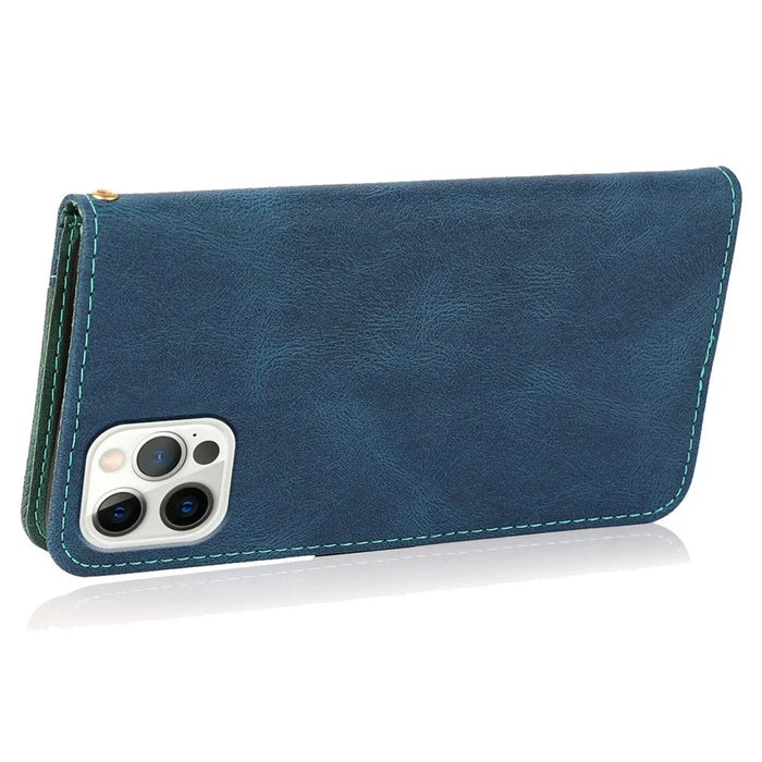 For iPhone 16 Pro Wallet Case Splicing Color Leather Phone Cover Credit Card Holder - Blue+Green - 4